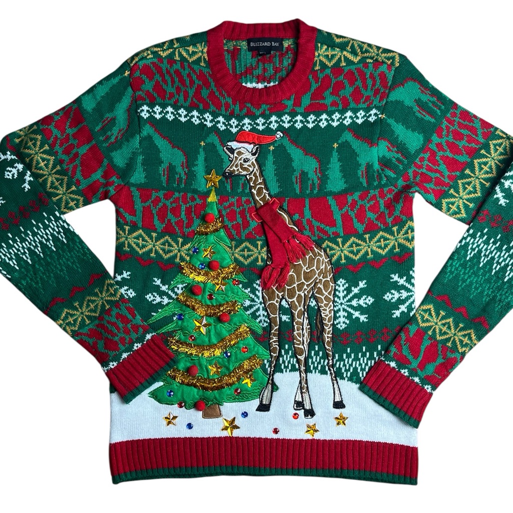 Blizzard Bay Ugly Christmas Sweater Festive Giraffe And Tree W/ 3d Decor